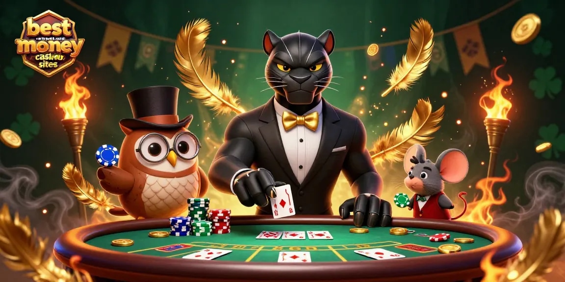 Experience the thrill at the best real money casino sites with a stylish cartoon panther dealer, wise owl, and lucky mouse