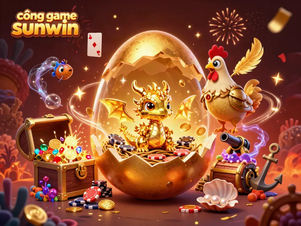 Experience excitement at cổng game sunwin with a dazzling dragon and poker chips in this 3D illustration.