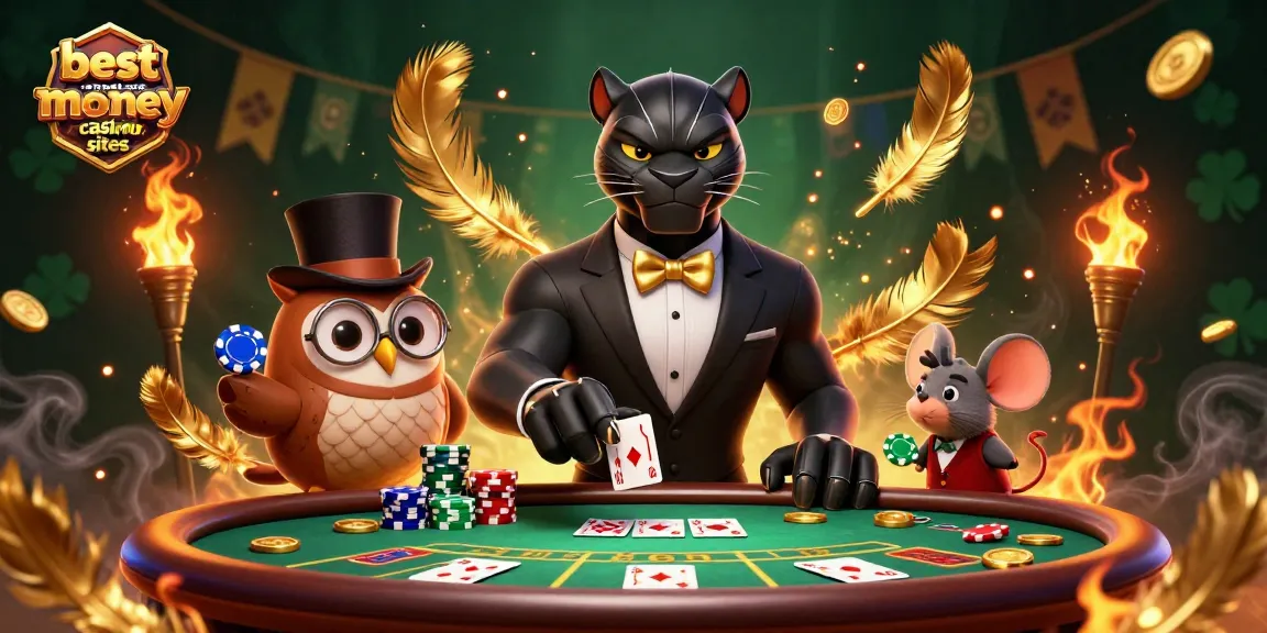 Experience the thrill at the best real money casino sites with a stylish cartoon panther dealer, wise owl, and lucky mouse