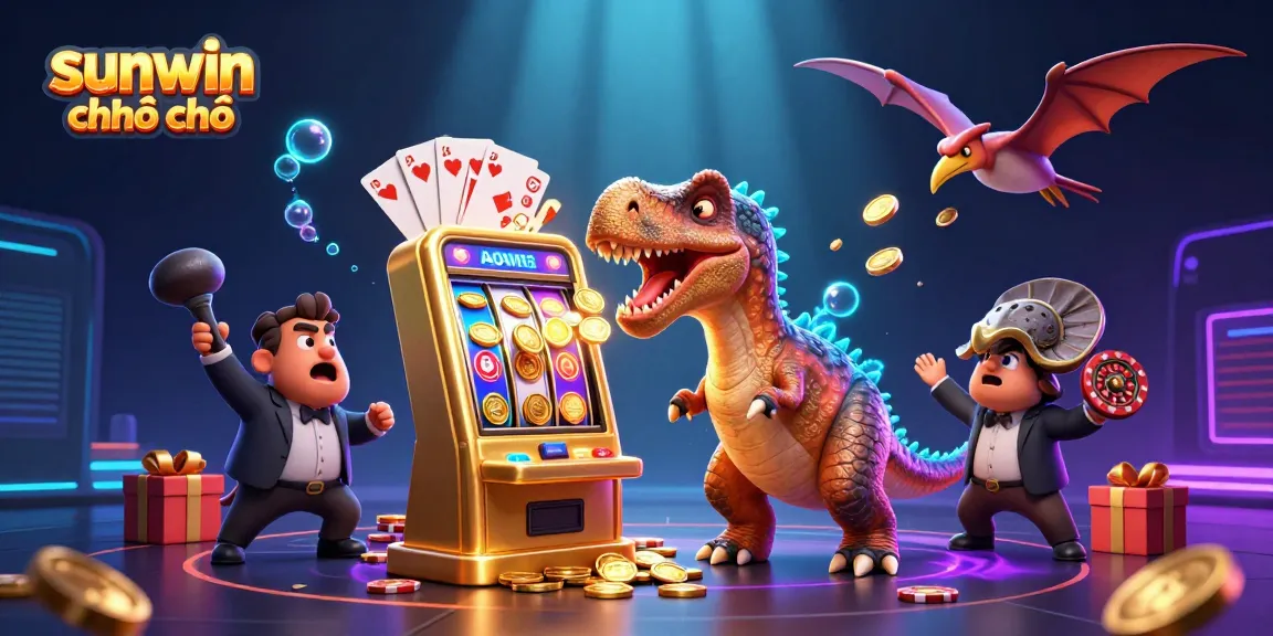 Experience sunwin chính chủ as a playful pachycephalosaurus clashes with a golden jackpot machine showering coins in a vibrant casino scene.