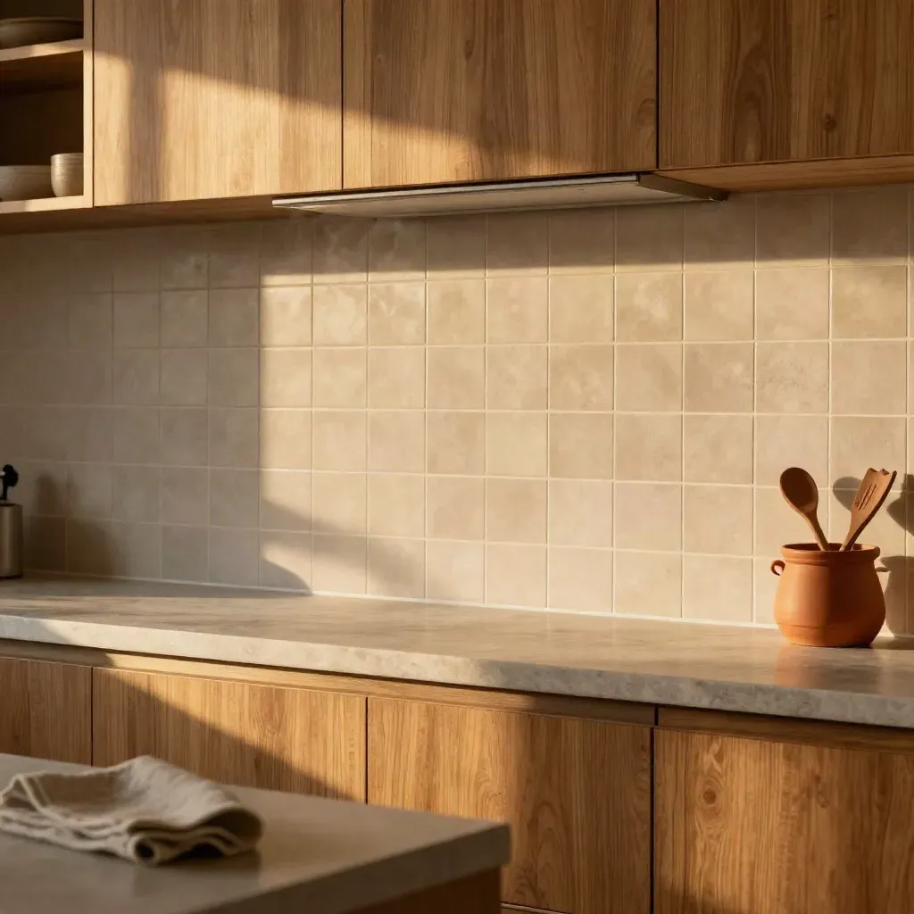 Zandkleurige tegelwand in keuken met houten kasten, stenen blad en warme avondzon.