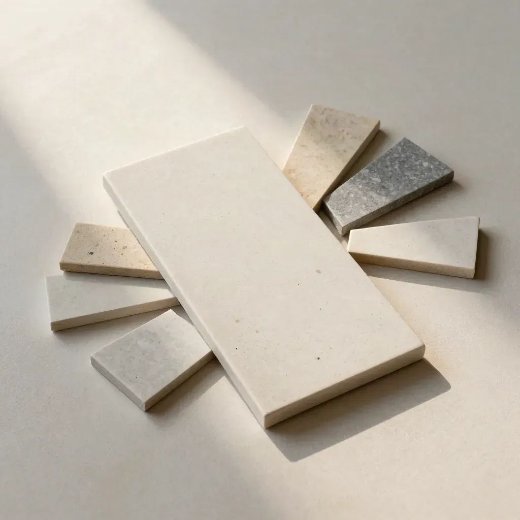 Bovenaanzicht van tegelstalen in waaier met drie neutrale referentiestenen op lichte plaster achtergrond.