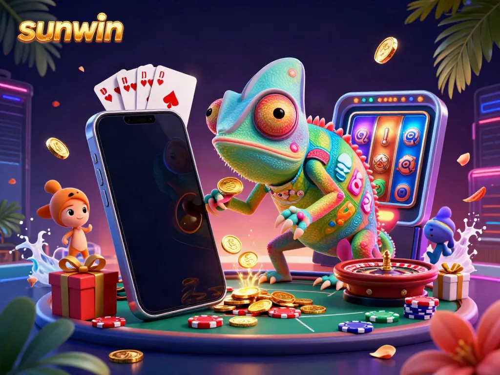 Engage in thrilling gameplay with sunwin's vibrant casino elements featuring a chameleon owner.