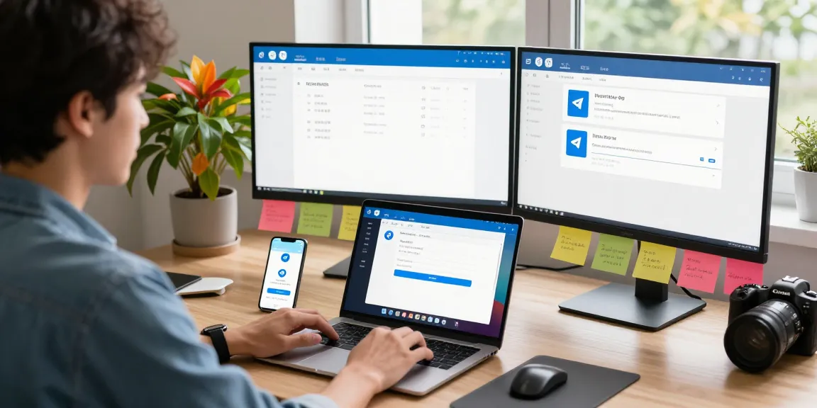 Using Telegram Chinese Version in a modern tech workspace setup with a user navigating settings on laptop.