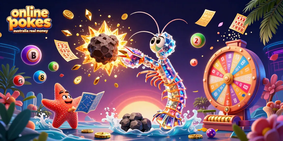 Engage in online pokies Australia real money with vibrant visuals of a samurai shrimp and starfish navigating casino themes.